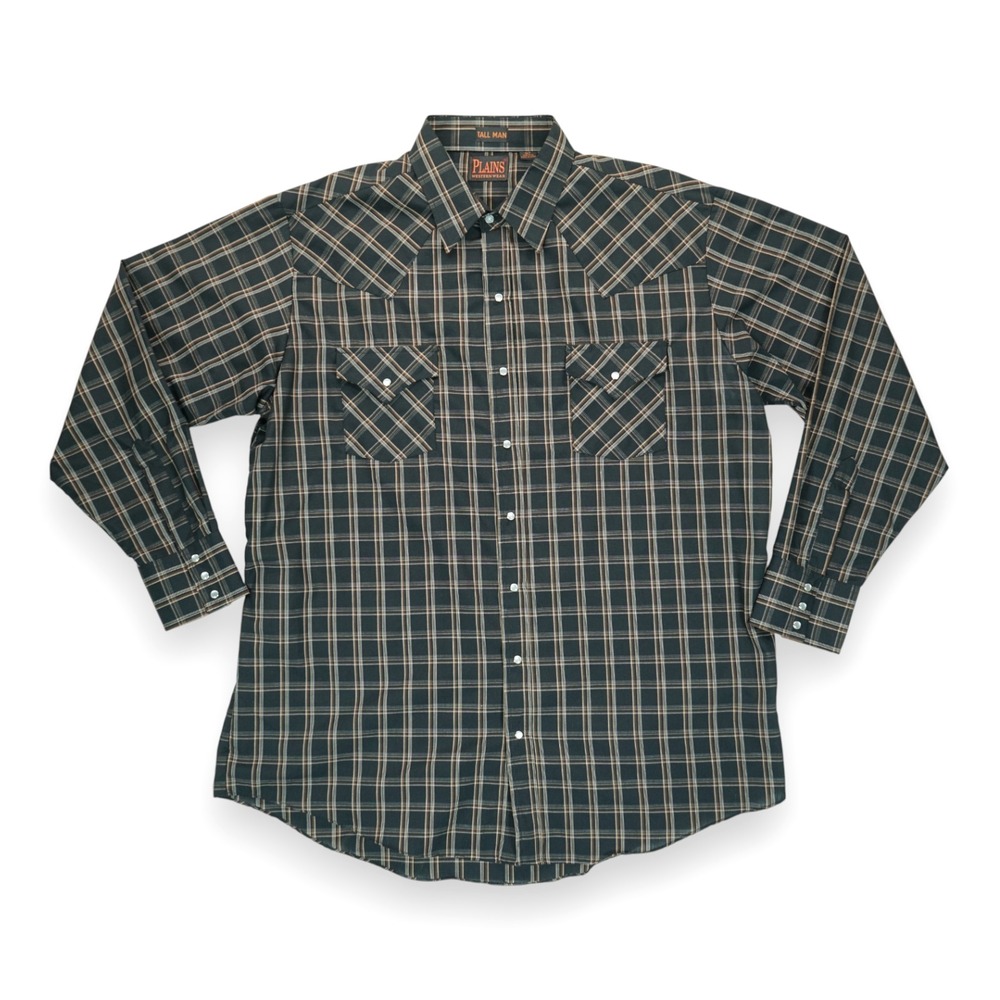 Plains Western Wear Tall Man Men's Shirt Long Sleeve Pearl Snap Plaid  XLT